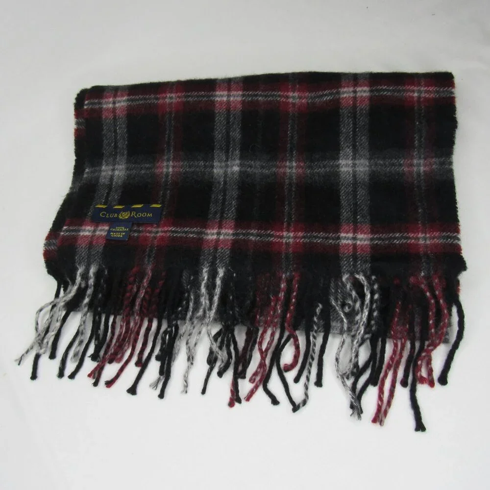 Club Room Black Red Check 100% Cashmere Scarf Fringe End